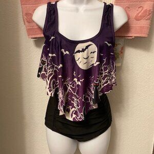 PURPLE White BLACK Halloween GOTH TANKINI Swimsuit BATS Black Cats FLUTTER TOP 4